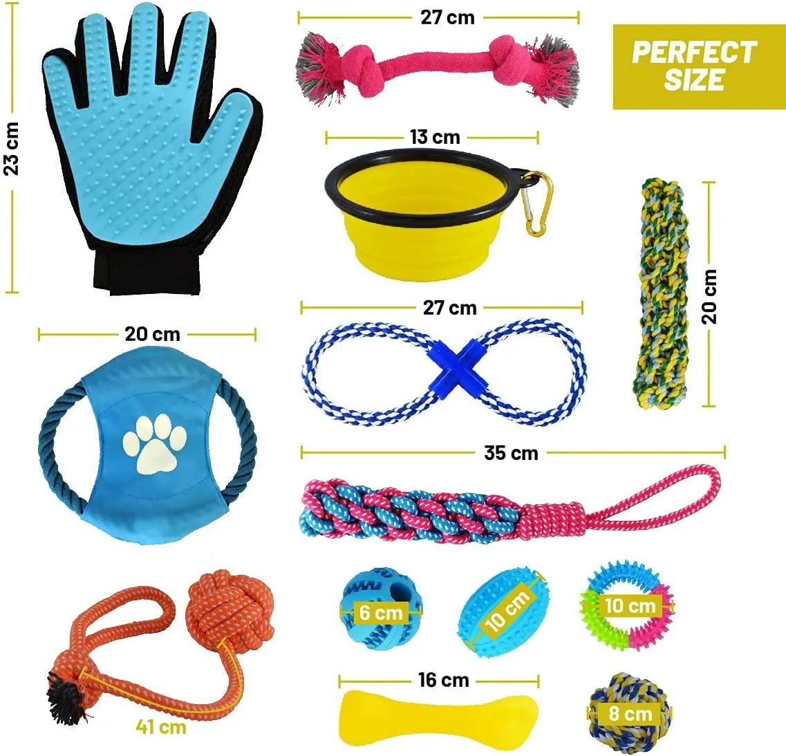 Dog Toy Gift Box – 13 Pieces - Great Pet Gift of Puppy Toys for Small Medium Dogs – Great for Puppy Training – Gifts of Dog Rope - Rope Ball - Travel Dog Bowl - Grooming Glove - Dog Toys for Boredom
