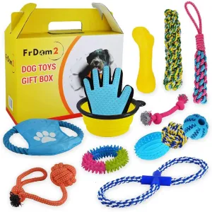 Dog Toy Gift Box – 13 Pieces - Great Pet Gift of Puppy Toys for Small Medium Dogs – Great for Puppy Training – Gifts of Dog Rope - Rope Ball - Travel Dog Bowl - Grooming Glove - Dog Toys for Boredom