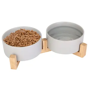 Fresh Fab Finds Double 28.7Oz Ceramic Pet Bowls Dog Cat Bowls with Wooden Stand Raised Pet Feeder for Small Dogs Cats