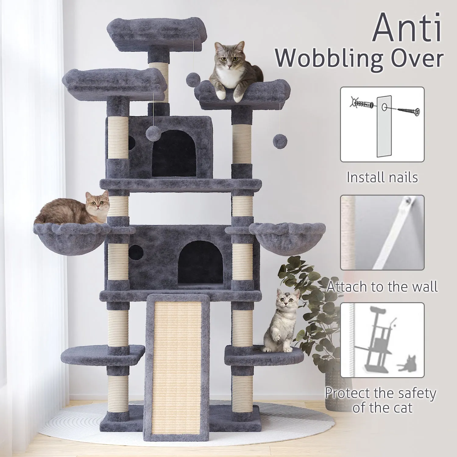 Tall Cat Tree for Large Cats, 68 Inches Multi-Level Cat Tower